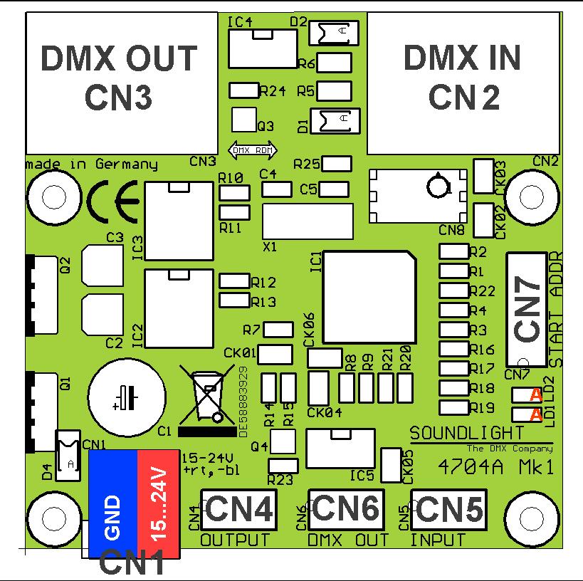 CN1 Stromversorgung rot +15-24V DC blau GND CN4 CN5 CN6 CN7 Steuerausgang 1 Ausgang #1 2 Ausgang #2 3 Ausgang #3 4 Ausgang #4 5 GND 6 +5V DC Sensor-Eingang 1 Eingang #1 2 Eingang #2 3 Eingang #3 4