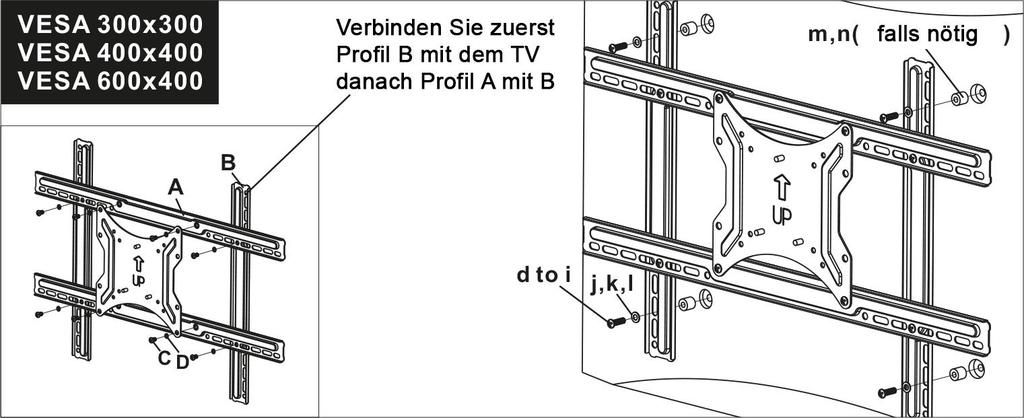 Schritt 2 Montage der Vesa-Platte bzw. der Profile ACHTUNG: Es ist möglich, dass die mitgelieferten Schrauben nicht zu Ihrem TV Gerät passen.