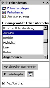 2. Weitere Überraschungen bieten Ihnen die voreingestellten Animationen. Bei Text-Aufzählungen können Sie das Einfließen des Textes festlegen.