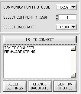 Die Baudrate zur Datenübertragung über die RS232 Schnittstelle kann mit SELECT BAUDRATE und CHANGE BAUDRATE eingestellt werden.