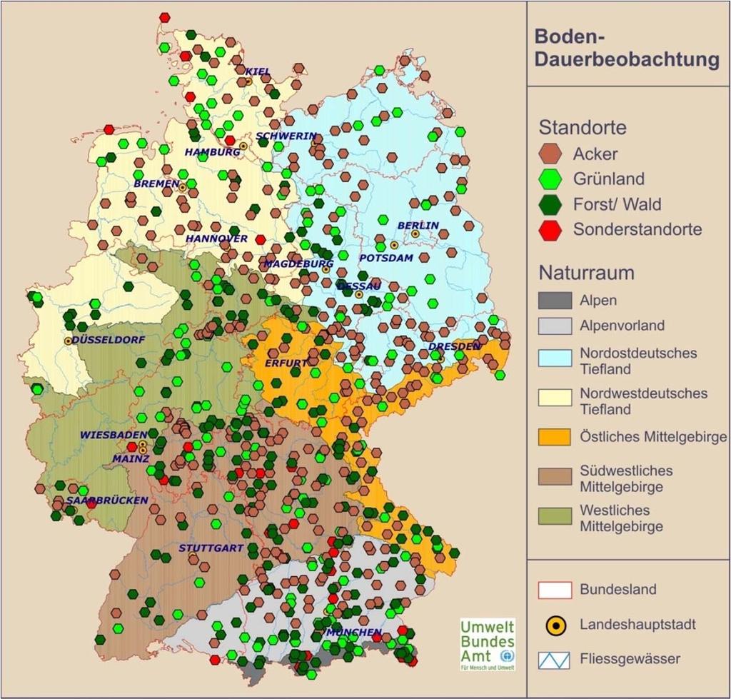 Bodendauerbeobachtungsflächen (BDF) Flächenverteilung Acker: 344 Grünland: 146 Wald: 247 Basisflächen: 700