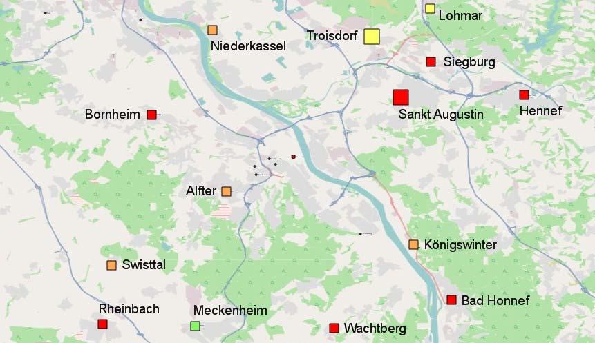 Niederkassel liegt deutlich hinter den AGFS* Mitgliedern Meckenheim, Lohmar und Troisdorf zurück Ergebnisse der Kommunen des Rhein Sieg Kreises Legende für Gesamtbewertung