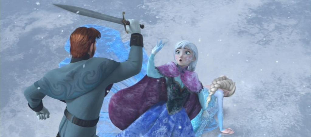 13 Träne nach. Zum Ende des Films schafft Anna es mit Olafs Hilfe hinaus auf den zugefrorenen Fjord. Hans ist gerade dabei, Elsa rücklings mit dem Schwert zu ermorden.