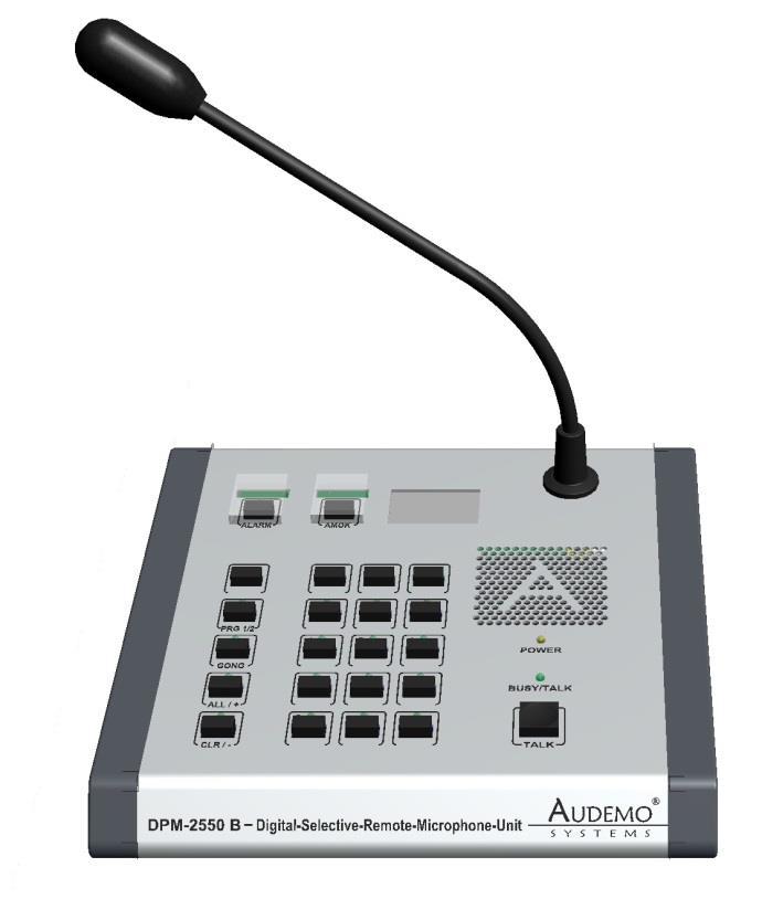 DPM-2550 B Digital-Selective-Remote-Microphone-Unit Die PADES 2000 Digital-Selective-Remote-Microphone-Unit DPM-2550 B ist eine Mikrocontrollergestützte volldigitale Mikrofon-Sprechstelle mit