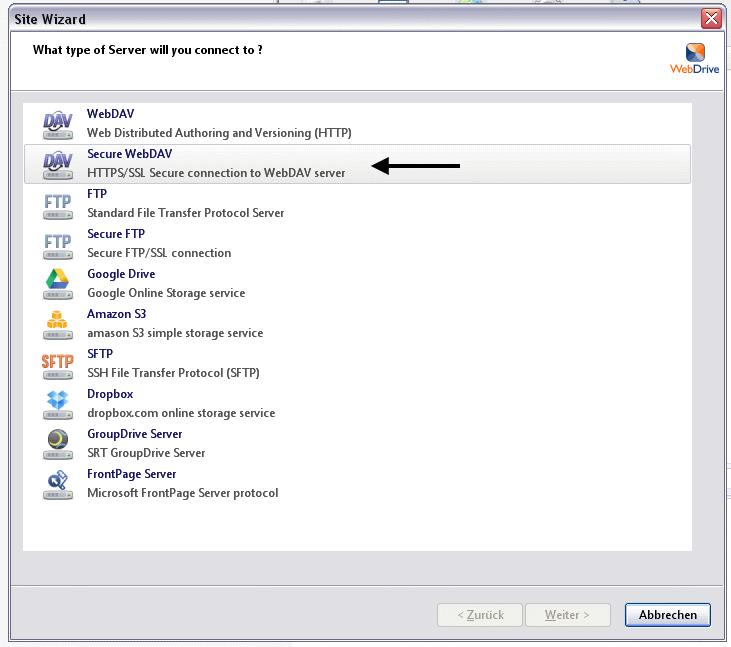 Hier wählen Sie die zweite Möglichkeit: Secure WebDAV In dem darauf folgenden Dialog-Fenster müssen die Daten eingegeben werden, die die