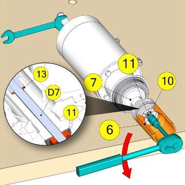 Ein Gummi (T) zwischen die Laterne (15) und dem Gehäuse (VG) klemmen. Druckluft an LA1 abschließen und die Luft aus dem Zylinder ablassen. Der Ventilkolben fährt ein.