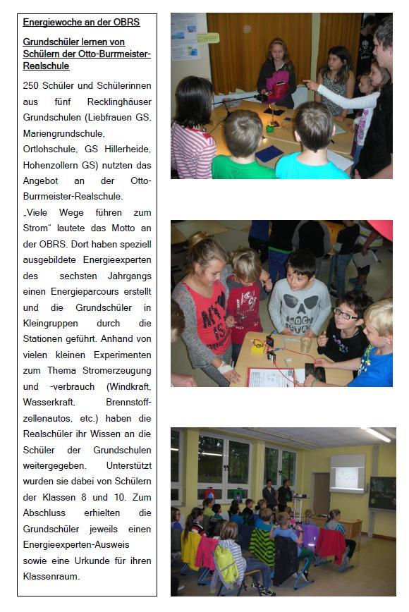 Oktober 2014 Energiewoche an der OBRS: 250 Schülerinnen und Schüler von 5 Recklinghäuser Grundschulen lernen unter dem