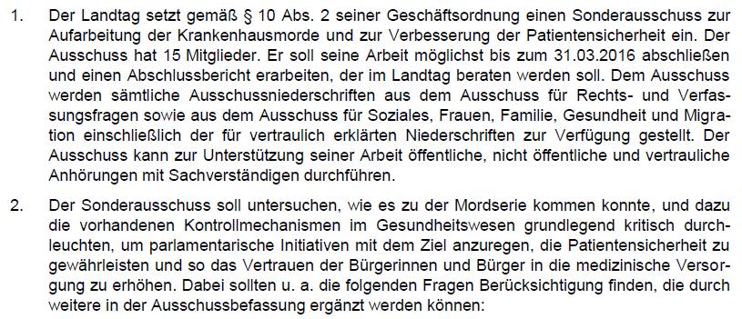 Sonderausschuss: Auftrag und Frist 03.05.