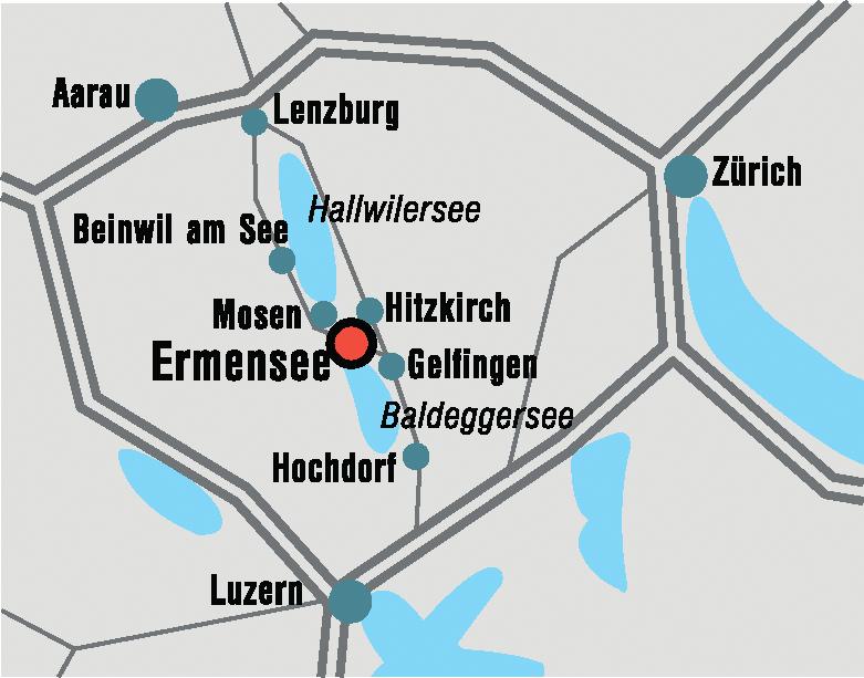 Ausfahrt Lenzburg Richtung Beinwil am See/Ermensee Autobahn A3 Richtung Zürich bis Verzweigung Bern/Basel, dann Richtung Bern Ausfahrt Lenzburg, Richtung Beinwil am See/Ermensee von Chiasso (215 km)