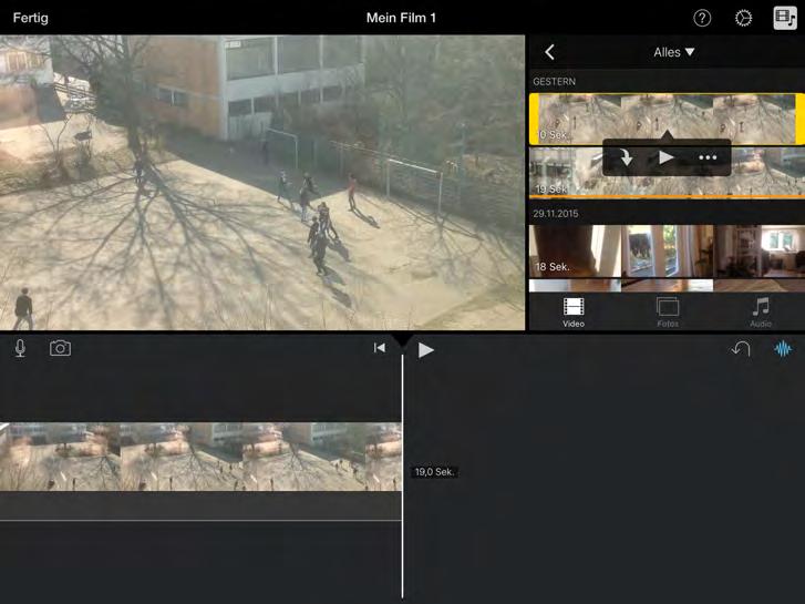 Durch Tippen auf Alles erscheinen die zuvor mit der ipad- Kamera aufgenommen Videos in einer Übersicht.