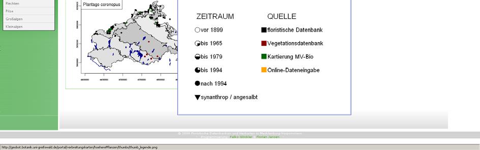Neben der Übersichtskarte werden Art-Attribute ausgegeben (bisher nur rudimentär implementiert), Links zur Verbreitung in ganz Deutschland und die weiteren Artinformationen von FloraWeb des BfN.