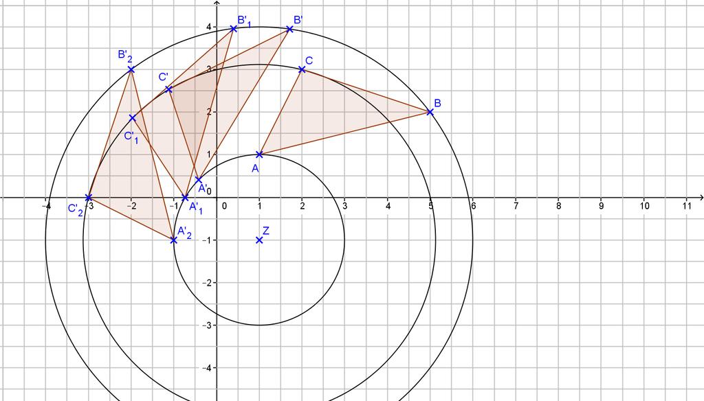 5. Drehung: Zeichnen Sie den Punkt Z(1 1) und das Dreieck (Vieleck) mit den Eckpunkten A (1 1), B (5 2) und C (2 3).
