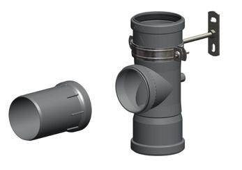 Siphon und Kondensatschlauch,5 m () Verlängerung 00 mm und 00 mm () Kontroll-Rohr mit Kondensatablauf () Fixschelle (5) Hülse