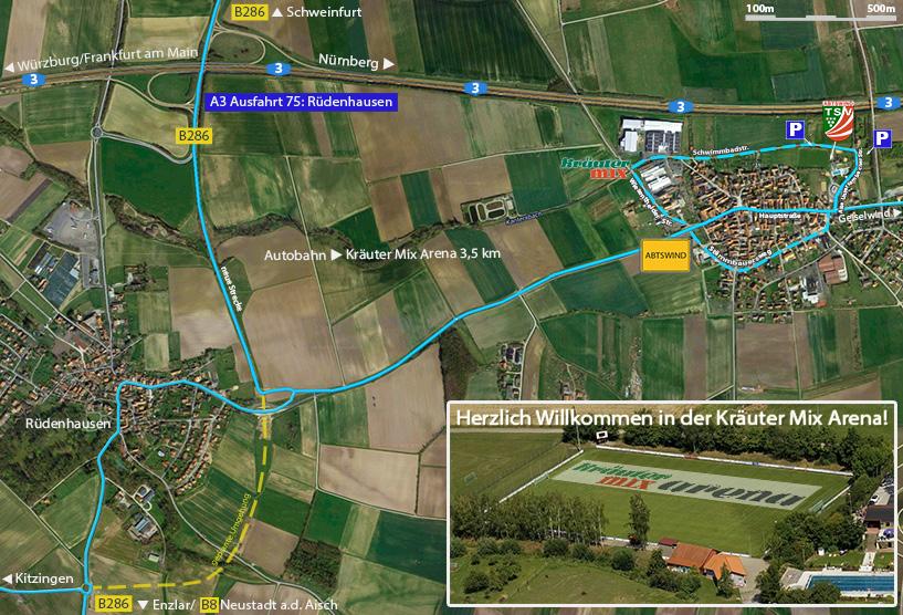 Anfahrt Sportgelände TSV Abtswind Von der A3 oder B286 kommend: A3 Ausfahrt Rüdenhausen à Richtung Enzlar/Neustadt/Aisch (B286) à geradeaus in Richtung Abtswind, nach ca.