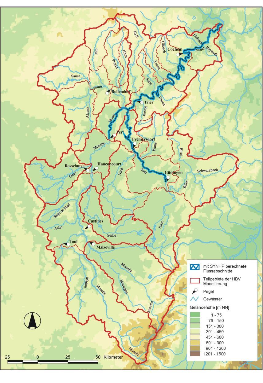 Untersuchung zur Wirkung denkbarer Rückhaltemaßnahmen an der Obermosel (1996) SYNHP-Modell: Custines (F, Mo-km 343,3) bis Koblenz (D, Mo-km 0) 6 Polderstandorte zwischen 60 ha und 430 ha: = 1000 ha