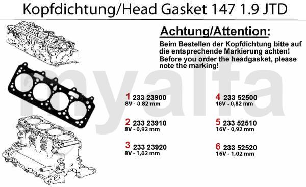 1 23323900 Kopfdichtung 147,156 1.9 JTD 8V 81/ 85KW ACHTUNG: auf Markierung achten 0 Kerben 50,55 CHF 2 23323910 Kopfdichtung 147,156 1.