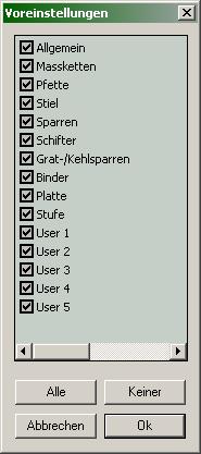 Voreinstellungen Laden und Speichern von Voreinstellungen in einer Datei. Diese wird standardmäßig in das Verzeichnis cadwork.cat\userprofil\3d\esz_dpp 