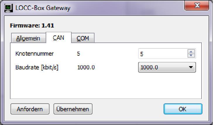 CAN - Knotennummer: Vergabe der Knotennummer im CANopen Netzwerk, Bereich 254 - Baudrate (kbit/s): Einstellung der Datenrate, min. 10 / max.