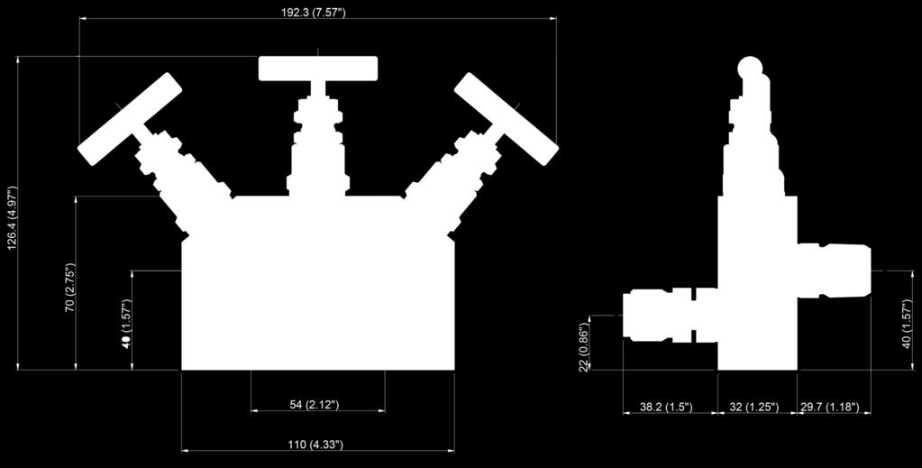 732.51 3-fach-Ventilblock, Typ IV31, Achsabstand Geräteseite: 54 mm (2,12 in) Ventilstellung: Radial, Ventile