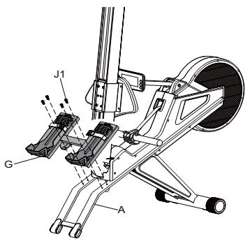 ZUSAMMENBAU Montage der Pedale Pedalraster SCHRITT 6: 1. Befestigen Sie das rechte Pedal (F1) mit einer Schraube (J1) und den Unterlegscheiben (J2) an der Pedalstange (G). 2.