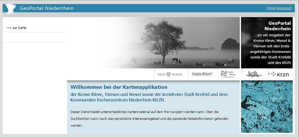 1. Startseite Der Einstieg in das GeoPortal Niederrhein erfolgt über diese Webseite Abbildung 1: Startbildschirm GeoPortal Niederrhein In der linken oberen Ecke finden Sie diese Markierung.