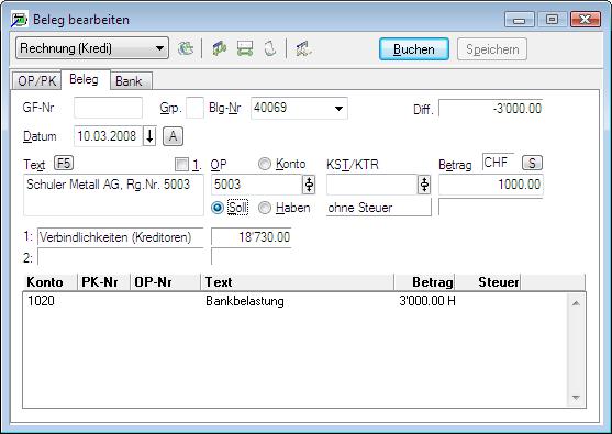 Buchungstext und Betrag werden automatisch in das Fenster übernommen. Vergewissern Sie sich, dass der Buchungstyp «Soll» eingestellt ist. Betätigen Sie mit «Enter» die Schaltfläche «Buchen».