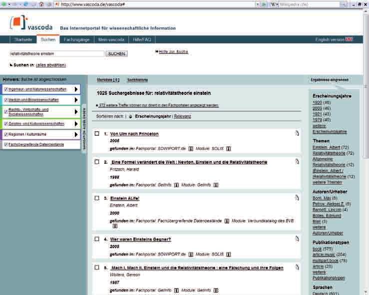 Innovative Recherchemöglichkeiten in Katalogen und Bibliotheksportalen 107 Abbildung 1: Clustering von Suchergebnissen im Internetportal vascoda 4.