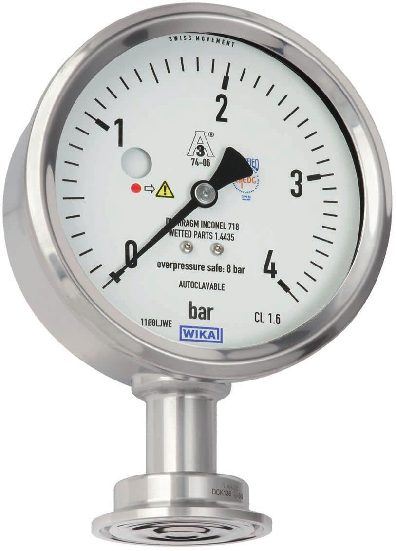 Druck Plattenfedermanometer, frontbündig Für die sterile Verfahrenstechnik, NG 100 Typ PG43SA-D, mit integrierter Plattenfederüberwachung WIKA Datenblatt PM 04.