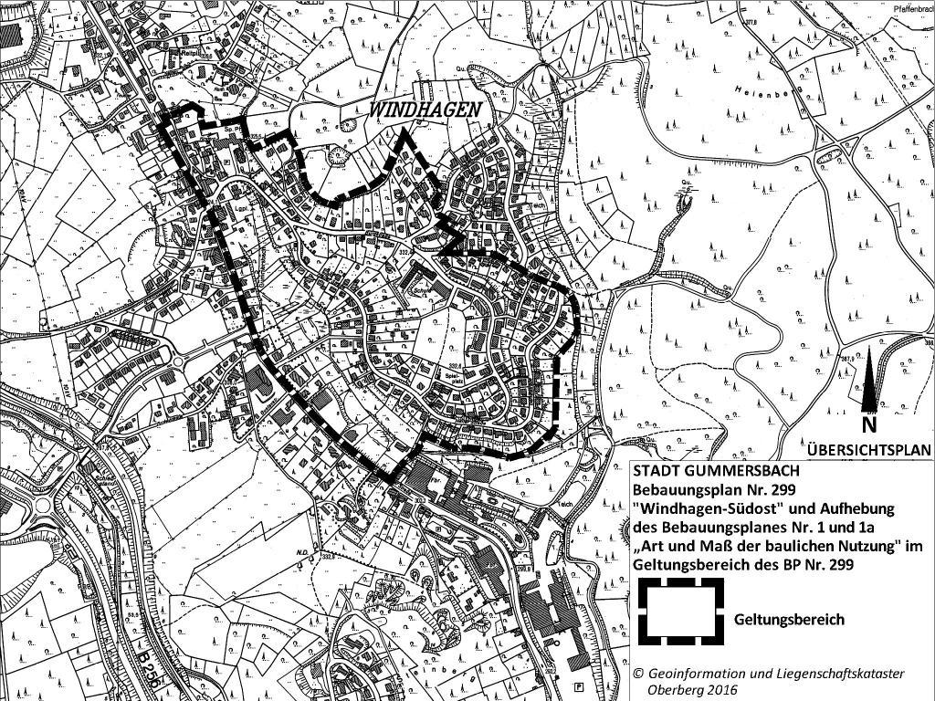 3. Lage des Plangebietes Der Geltungsbereich des Bebauungsplans Nr. 299 Windhagen - Südost liegt nördlich der Gummersbacher Innenstadt.
