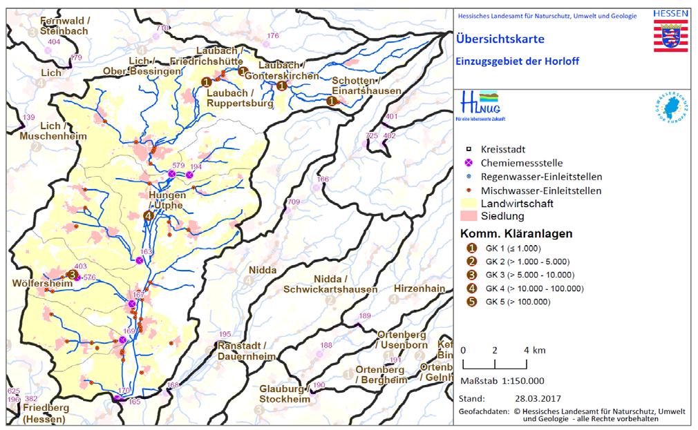 Behördenstrukturen Einzugsgebiet der Horloff: Gewässerlänge: 44,5 km Einzugsgebiet: 27900 ha Kläranlagen: 6 Stück (1*GK 4, 1*GK 3, 4*GK 1) Probleme: -