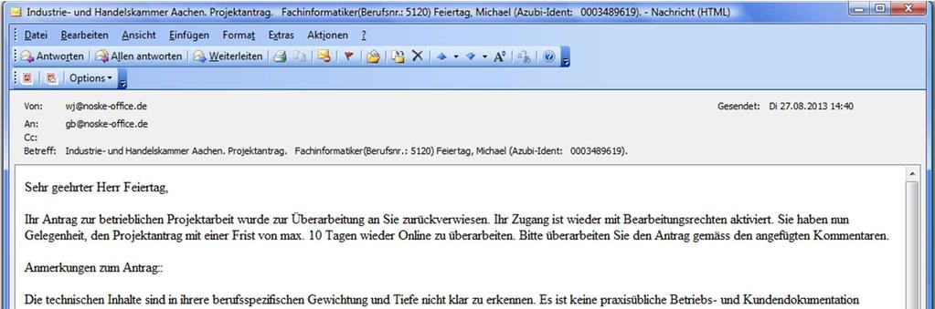 Prüfling erhält Information per E-Mail: Ablehnungsgründe werden mitgeteilt