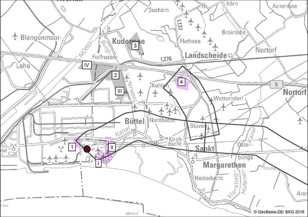 Abbildung 1: Potenzielle Konverterstandortbereiche am NVP Brunsbüttel (verbleibende Flächen mit positiver Realisierungsprognose (rosa) und rückgestellte Flächen (grau)) Von den im Gutachten
