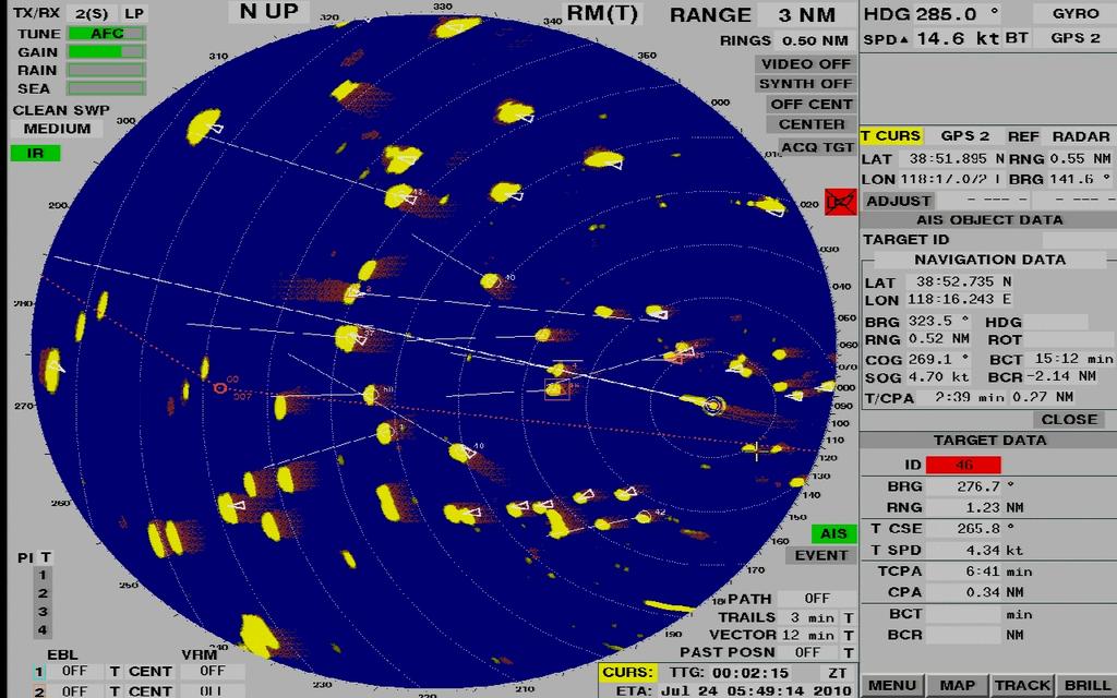 Abbildung 9: Radarbild JULA S 05:46:59 Uhr Abbildung 10 (siehe unten) zeigt neben einem Bildausschnitt des obigen Radarbildes die ARPA 20 -Daten der ZENITH WINNER (= Target 2; vgl.