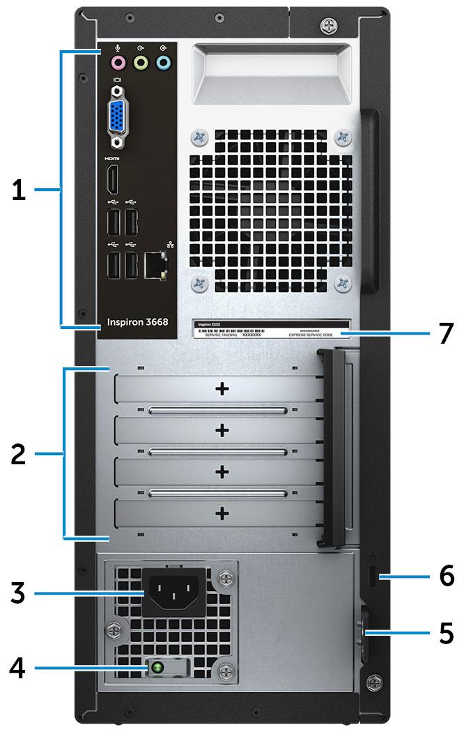 Rückseite 1 Rückseite Zum Anschluss von USB-, Audio-, Video- und anderen Geräten. 2 Erweiterungskartensteckplätze Ermöglichen den Zugriff auf Anschlüsse auf allen installierten PCI Express- Karten.