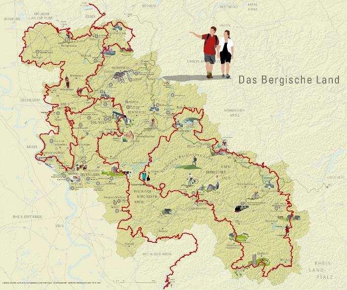 DAS BERGISCHE WANDERLAND Bergischer Weg: 14 Etappen, 260 km, Streckenweg von Essen nach Königswinter Bergischer Panoramasteig: 12 Etappen, 244 m, Rundweg mit Start/Ziel in