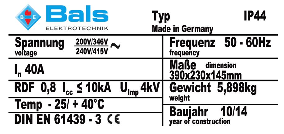 Das Typenschild an der linken Gehäuseseite zeigt die technischen Daten der VARIABOX, wie in der unten stehenden Abbildung anhand eines Beispiels dargestellt.