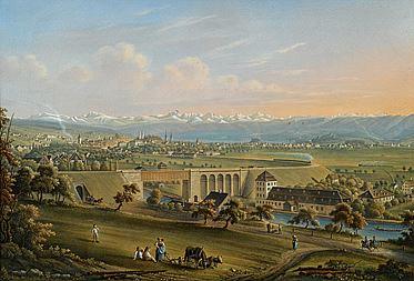 Isenring, Johann Baptist, Die Eisenbahnbrücke über die Limmat (sic) mit Ansicht von Zürich, um 1857, Altkolorierte Aquatinta auf Papier, 34 x 49,7 cm Bearbeitungstiefe Name Lebensdaten Bürgerort