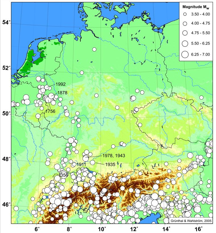 Abb. 5.32: Epizentren katalogisierter Erdbeben (Grünthal & Wahlström, 2003, 2005). Epicentres of catalogued earthquakes (Grünthal & Wahlström, 2003, 2005).