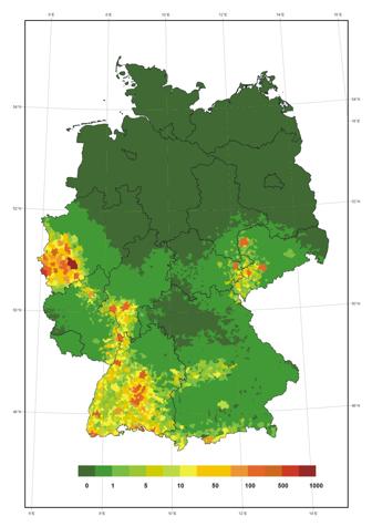 Abb. 5.36: Erwartete Verteilung des seismischen Risikos (Millionen Euro) in deutschen Kommunen für eine Nichteintreffenswahrscheinlichkeit von 90 % in 50 Jahren (Tyagunov u. a., 2006, submitted).