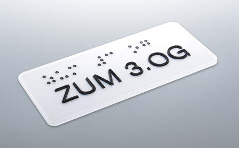 Individuelle Handlaufkennzeichnung aus V2A Blech. Schrift und Braillepunkte gestanzt.