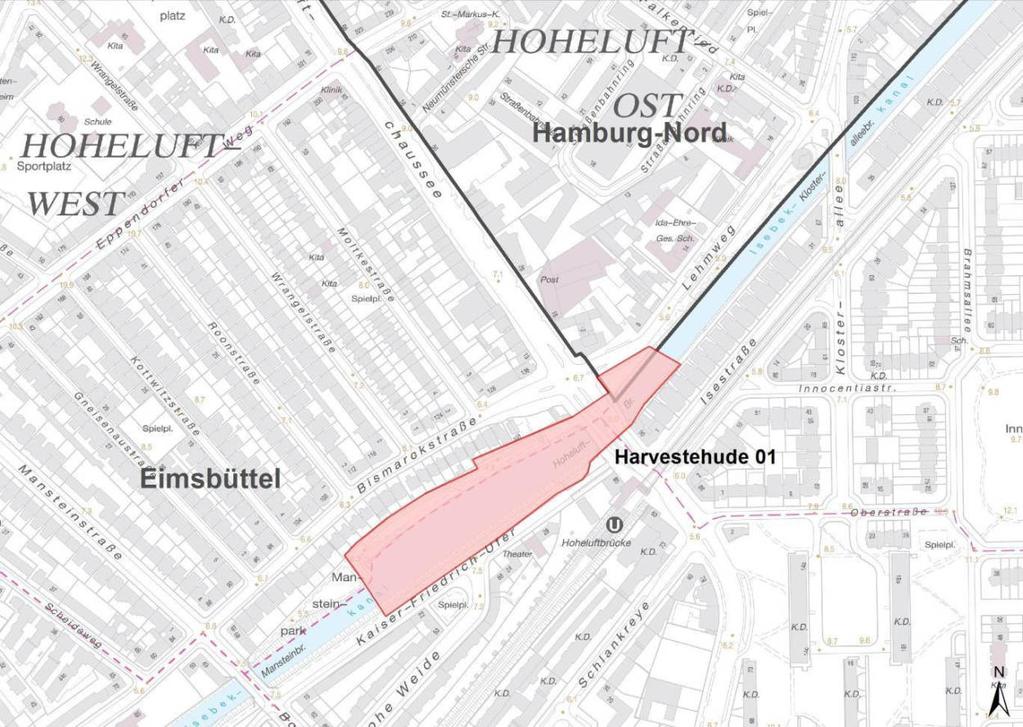 Eimsbüttel Harvestehude 01 Abbildung 3: Monitoringfläche Harvestehude 01 im Bezirk Eimsbüttel. Hintergrund: DK5, Landesbetrieb für Geoinformation und Vermessung (LGV), Hamburg.