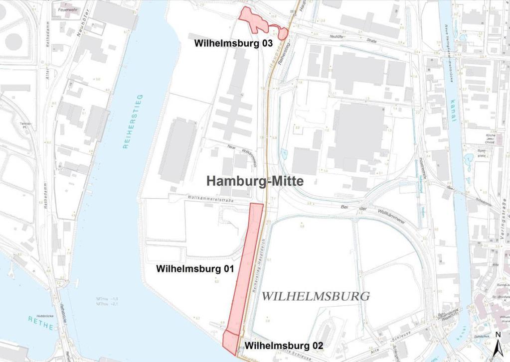 Hamburg-Mitte Wilhelmsburg 01-03 Abbildung 13: Monitoringflächen Wilhelmsburg 01-03 im Bezirk Hamburg-Mitte. Hintergrund: DK5, Landesbetrieb für Geoinformation und Vermessung (LGV), Hamburg.