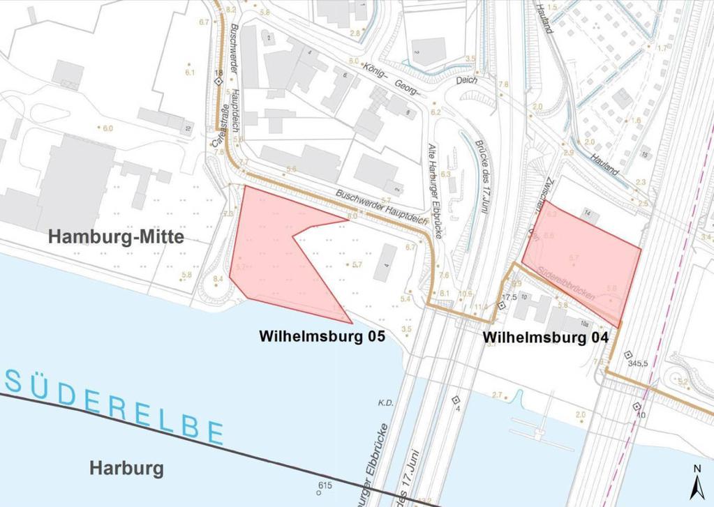 Hamburg-Mitte Wilhelmsburg 04-05 Abbildung 14: Monitoringflächen Wilhelmsburg 04-05 im Bezirk Hamburg-Mitte. Hintergrund: DK5, Landesbetrieb für Geoinformation und Vermessung (LGV), Hamburg.