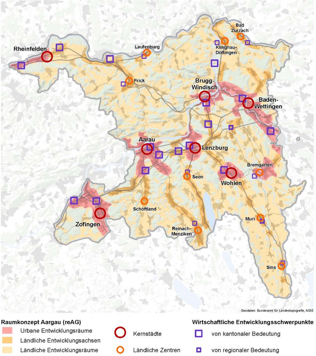 Abbildung 1: Raumtypen und wirtschaftliche Entwicklungsschwerpunkte Gemäss der moag 2016 kann, gestützt auf das prognostizierte Aargauer Bevölkerungswachstum bis 2040, davon ausgegangen werden, dass
