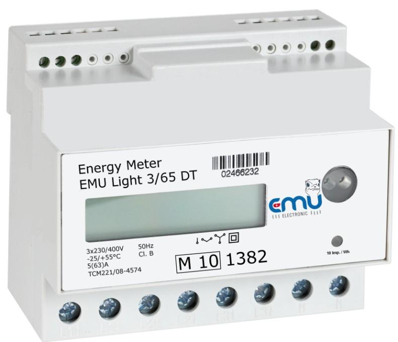 3-Phasen Energiezähler Direktanschluss EMU Light 3/65 ST Eintarif EMU Light 3/65 DT Doppeltarif Technische Daten Direktanschluss bis 63A Spannung Un: 3x230/400V -25% / + 15% Messbereich: 0.
