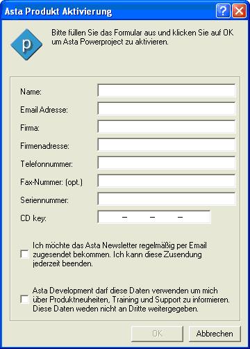 3. Füllen Sie die Felder im Dialog Asta Produkt Aktivierung aus und klicken Sie auf OK. Beachten Sie, dass alle Felder (außer der Faxnummer) ausgefüllt werden müssen.