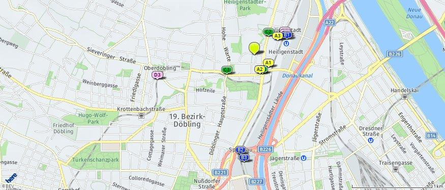 Öffentlicher Nahverkehr Der hellgrüne Punkt markiert den Immobilienstandort, die Verkehrsmittel im Umkreis werden mit farblichen Pins angezeigt.