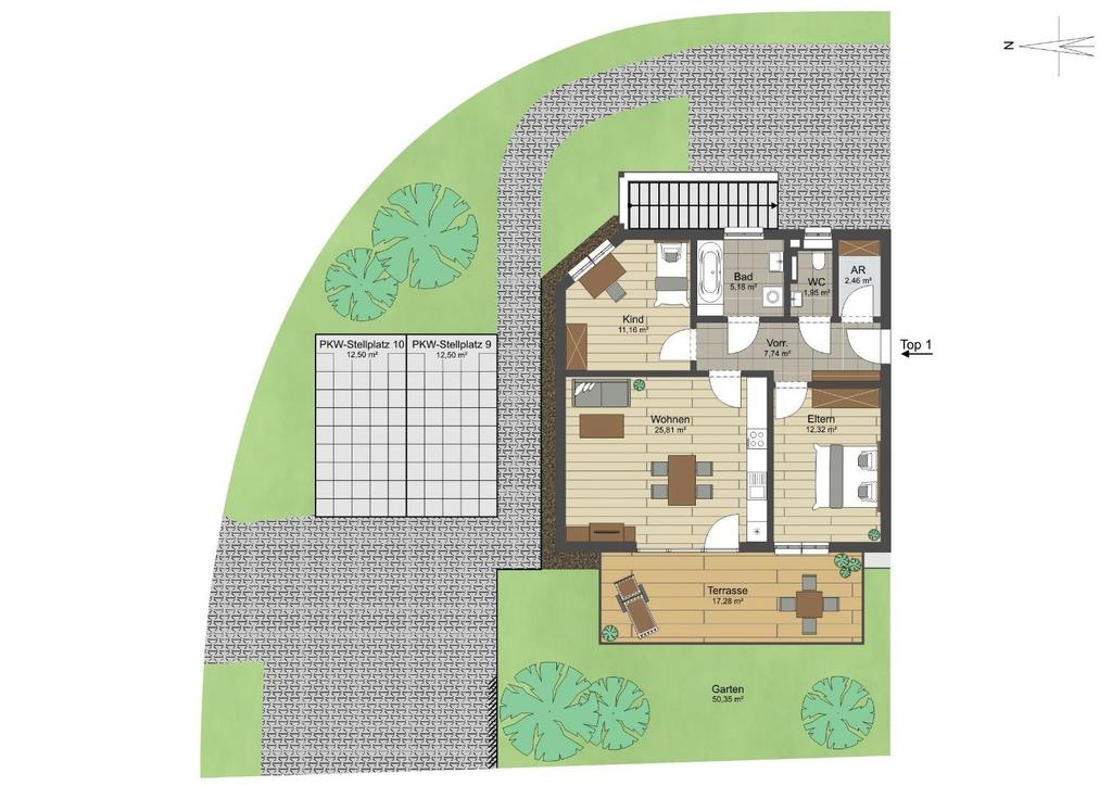 Gartengeschoßwohnung Top 1 Küche/Wohnen/Essen 25,81 m² Bad/WC 5,18/1,91 m² Abstellraum 2,46 m² Vorraum 7,74 m² Schlafen 12,32 m²