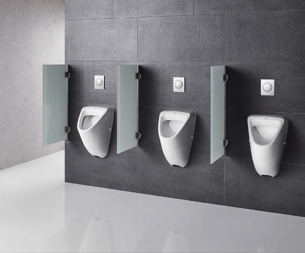 Urinaltrennwände aus Glas NOXX Ergänzende Produkte Urinaltrennwände und Sichtschutzwände werden in Sanitär- und WC- Räumen immer häufiger eingeplant.
