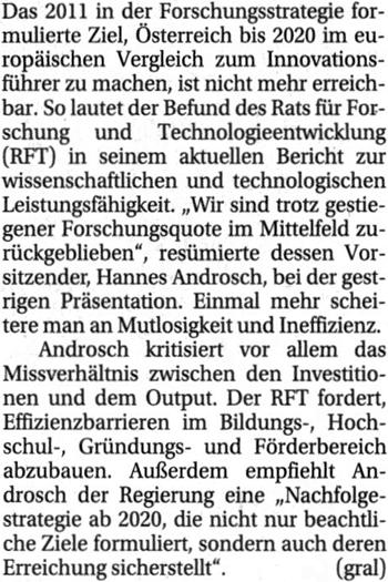 Die Presse 06/06/2018 17 Ziel "Innovation Leader" bleibt in weiter Ferne Forschungsrat bemängelt, Österreich sei trotz gestiegener Forschungsrate "im Mittelfeld zurückgeblieben".